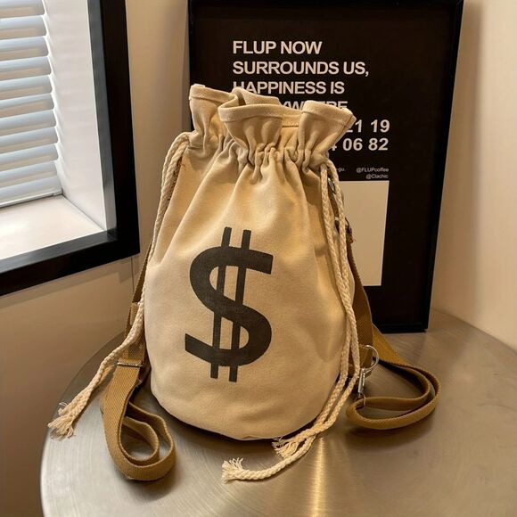 Bank Heist Money Bag Satchel Canvas Drawstring Backpack with Dollar Sign - Picture 1 of 5